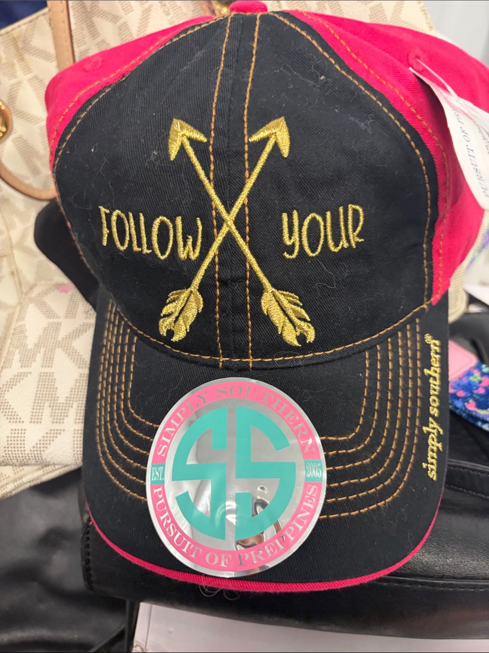 Simply Southern Black and Pink Baseball Cap with Gold Embroidery